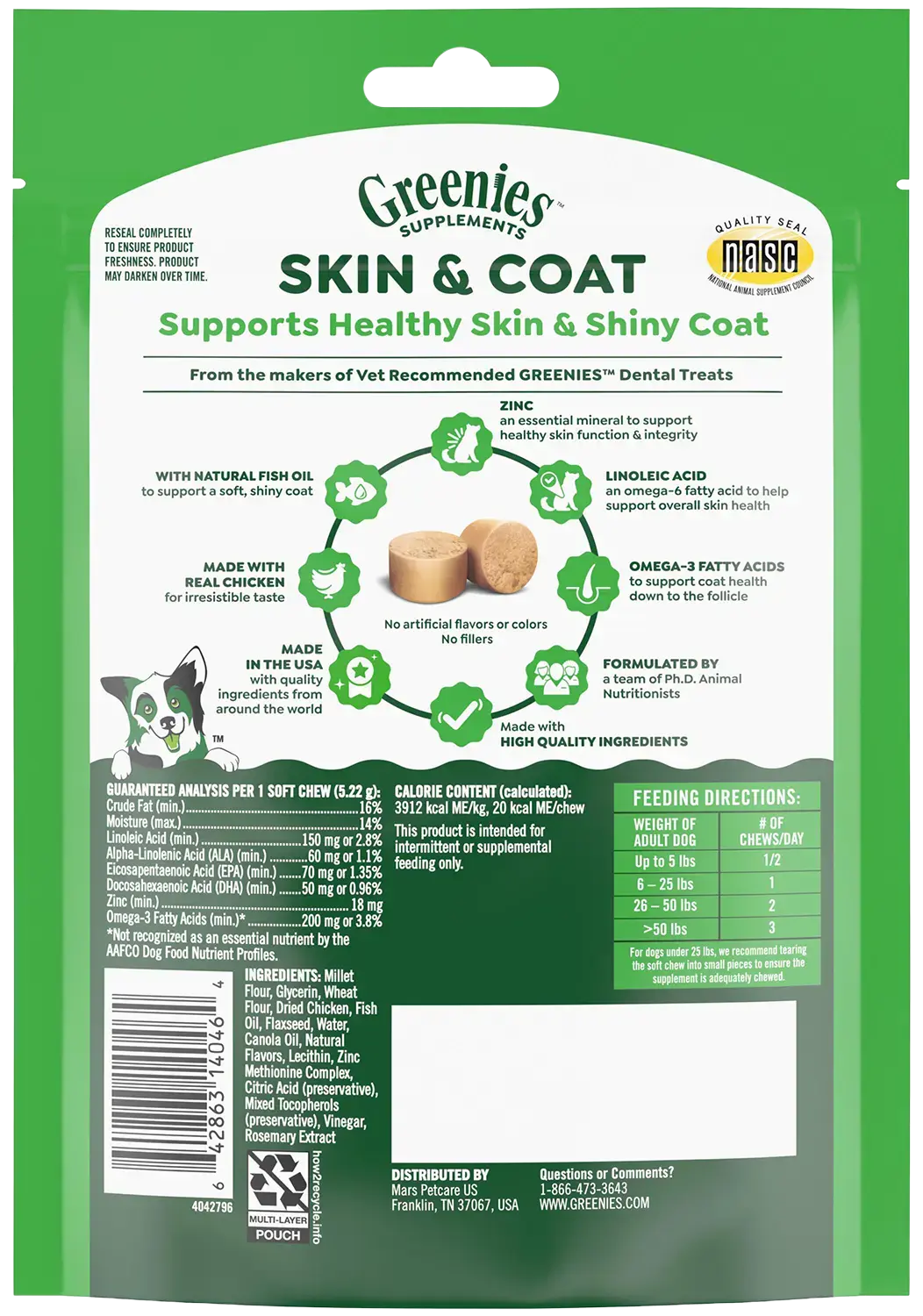Back of Greenies Skin & Coat Food Supplement Soft Chews for Adult Dogs Chicken Flavor 40 Count 7.37-oz