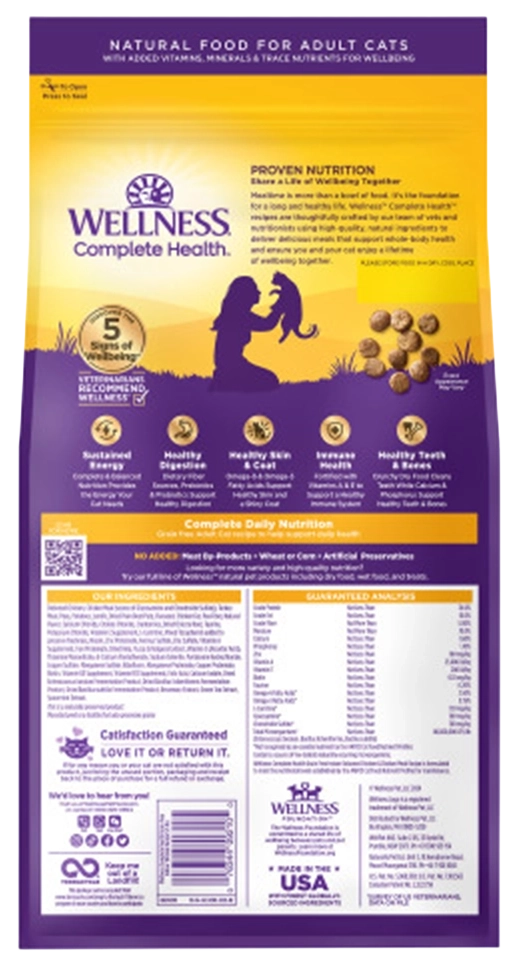 Back of Wellness Complete Health Grain-Free Indoor Adult Dry Cat Food Deboned Chicken & Chicken Meal Recipe 5.5-lb