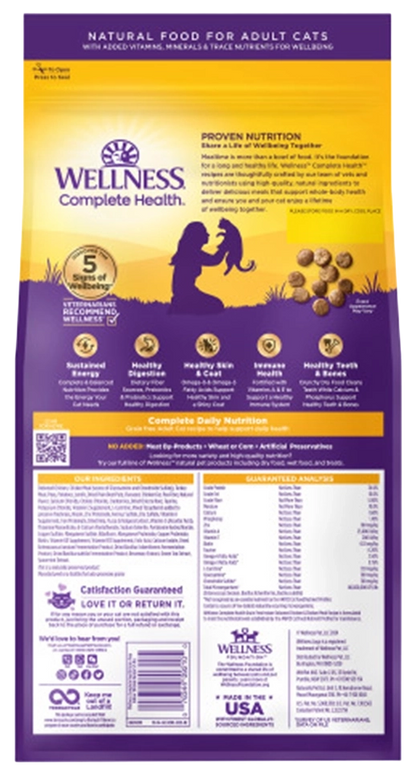 Back of Wellness Complete Health Grain-Free Indoor Adult Dry Cat Food Deboned Chicken & Chicken Meal Recipe 5.5-lb