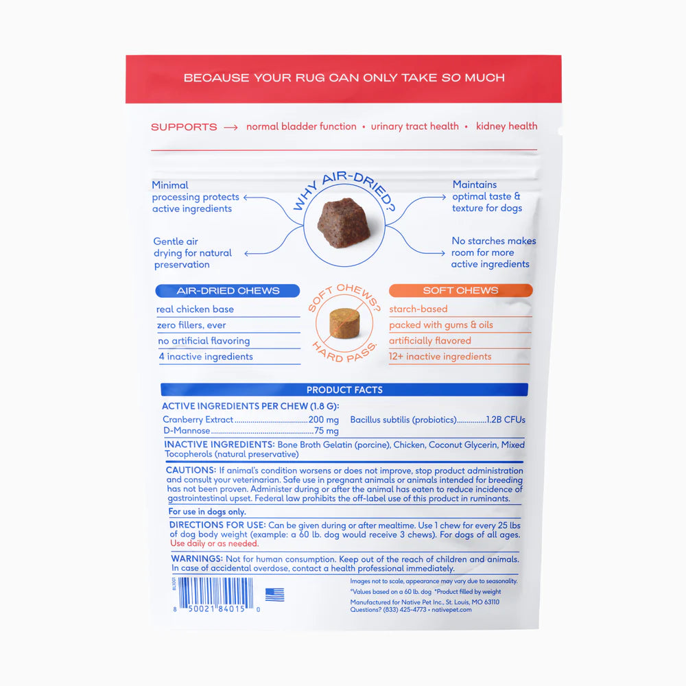 Native Pet Cranberry Bladder Chews Kidney & Urinary Supplement for Dogs 30 Count, Kwik Pets