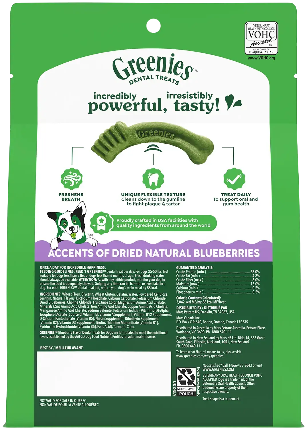 Back of Greenies Blueberry Dog Dental Treats Regular 12-oz 12 Count