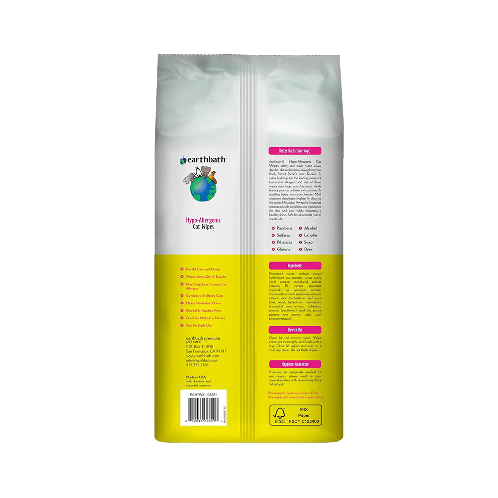 Earthbath Hypo-Allergenic Cat Grooming Wipes Fragrance Free 100 Count