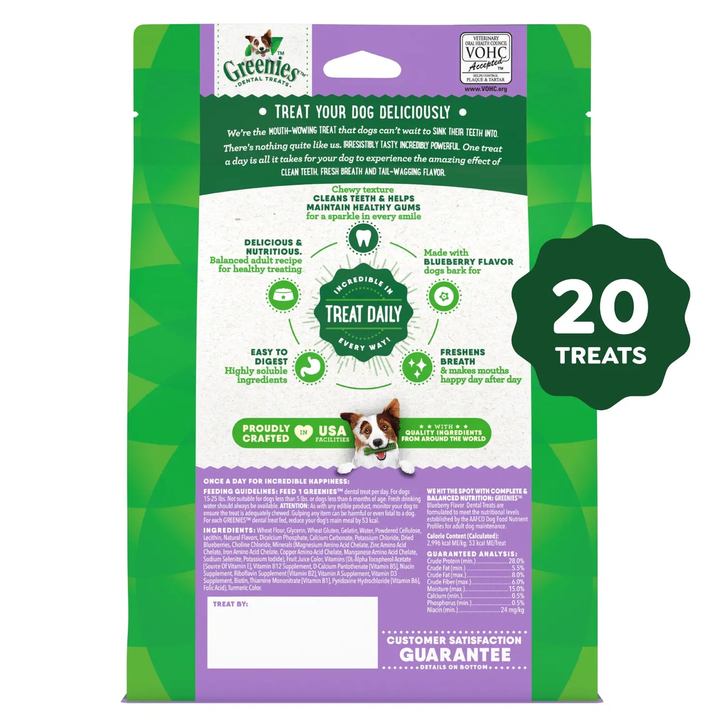 Back of Greenies Blueberry Dog Dental Treats Petite 12-oz 20 Count
