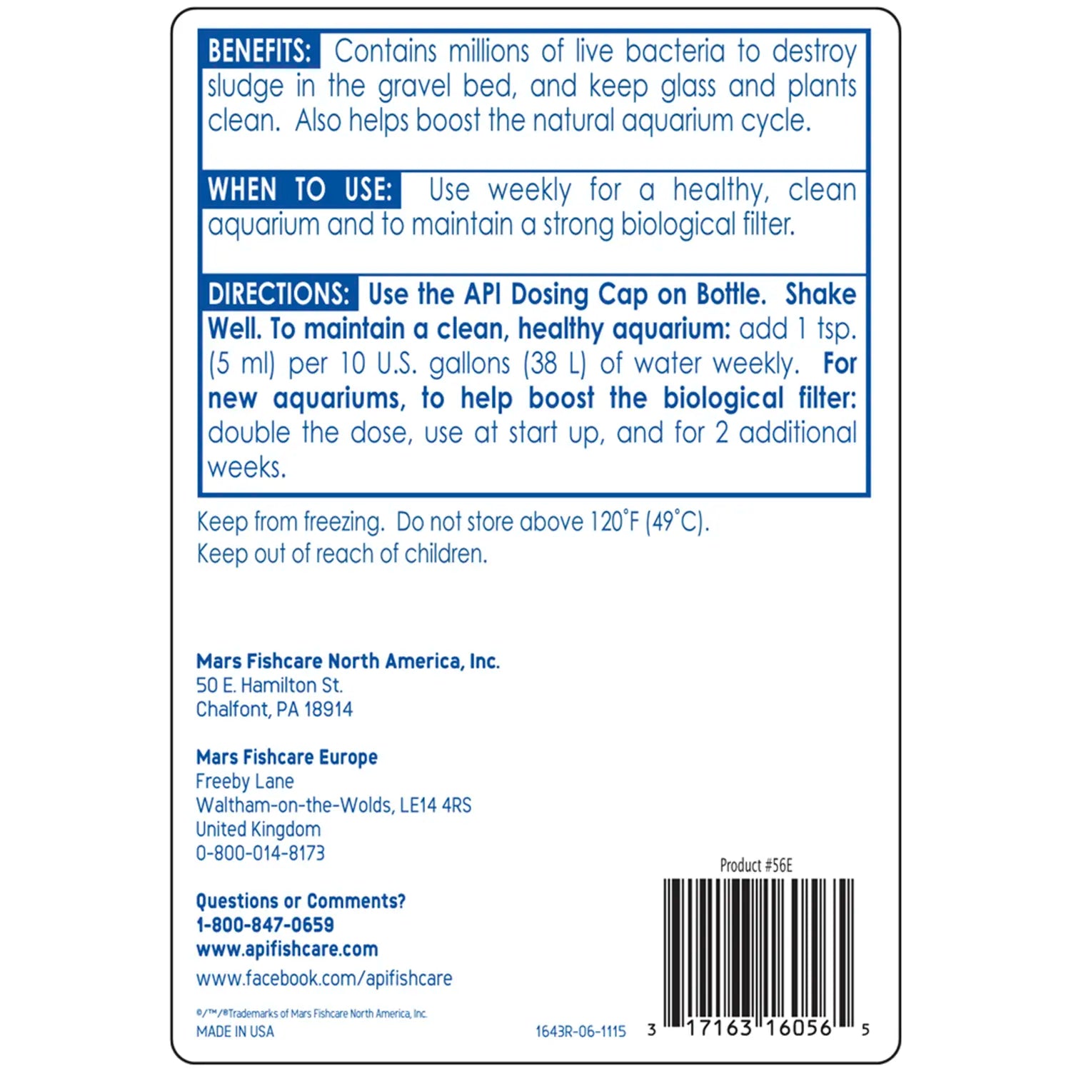 Back of API Stress Zyme Freshwater & Saltwater Aquarium Water Cleaner 16-oz
