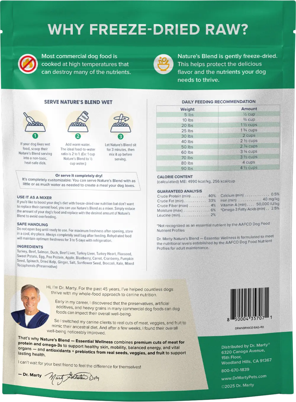 Back of Dr. Marty Nature's Blend Essential Wellness Freeze-Dried Raw Adult Dog Food 16-oz