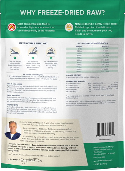 Back of Dr. Marty Nature's Blend Essential Wellness Freeze-Dried Raw Adult Dog Food 16-oz