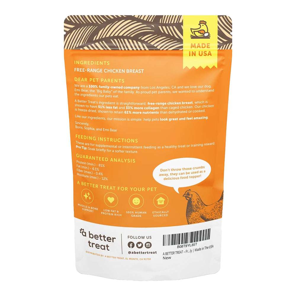 Back of A Better Treat Just One Thing Freeze Dried Dog & Cat Treats Free Range Chicken Breast 3-oz