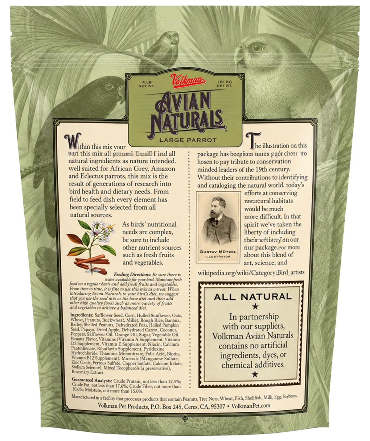 Back of Volkman Seed Company Avian Naturals Large Parrot Bird Food 4-lb
