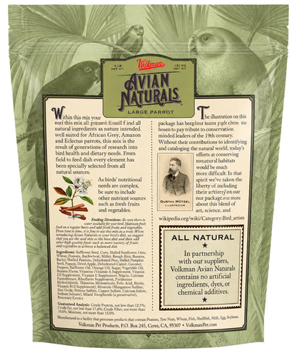 Back of Volkman Seed Company Avian Naturals Large Parrot Bird Food 4-lb