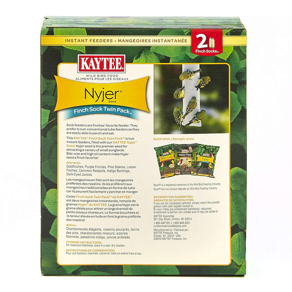 Back of Kaytee Wild Bird Food Nyjer Seed Finch Sock Twin Pack Instant Feeder 26-oz
