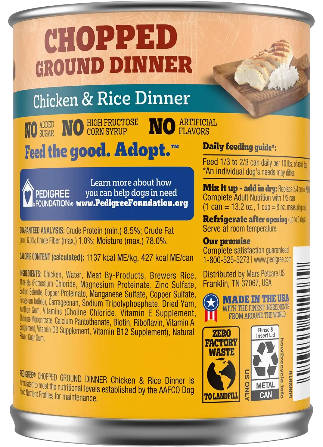 Back of Pedigree Chopped Ground Dinner Adult Wet Dog Food Chicken & Rice 13.2-oz