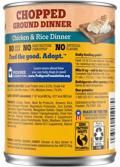 Back of Pedigree Chopped Ground Dinner Adult Wet Dog Food Chicken & Rice 13.2-oz
