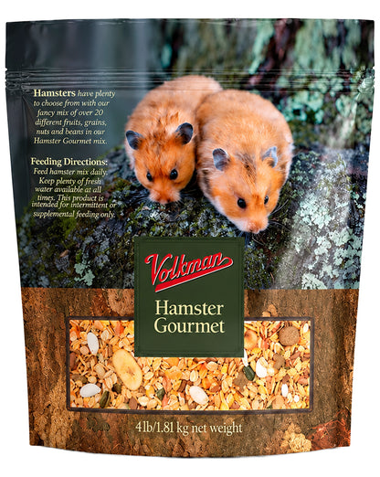 Back of Volkman Seed Company Small Animal Hamster Gourmet Dry Food 4-lb