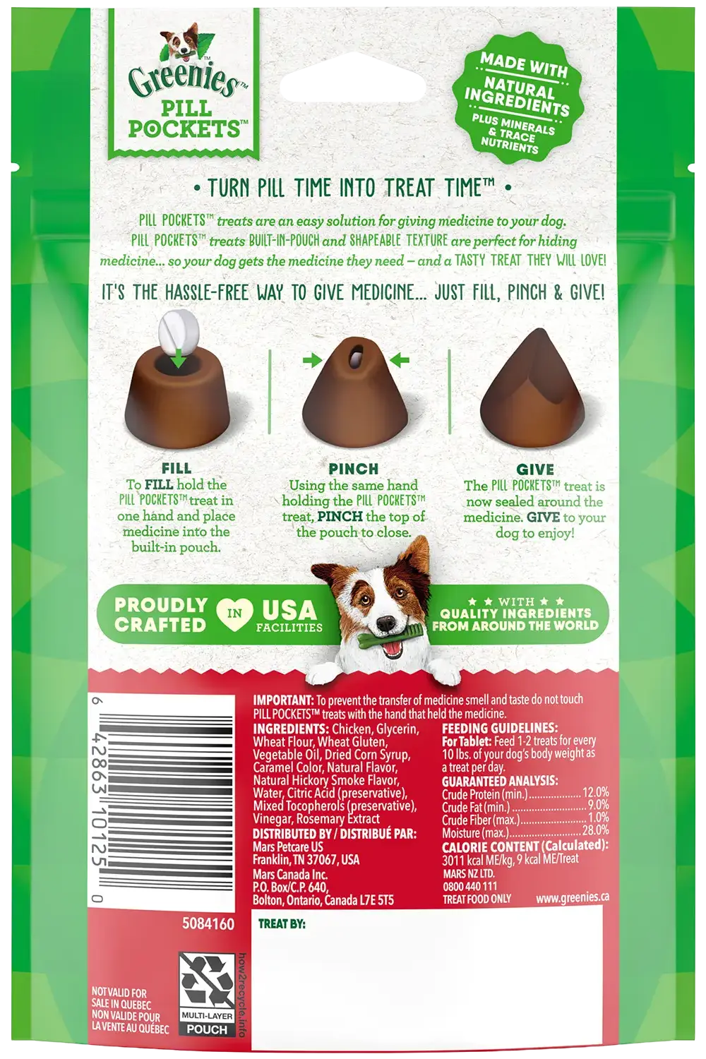 Back of Greenies Tablet Pill Pockets Dog Treats Hickory Smoke 3.2-oz 30 Count