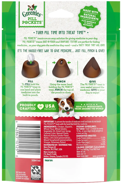 Back of Greenies Tablet Pill Pockets Dog Treats Hickory Smoke 3.2-oz 30 Count