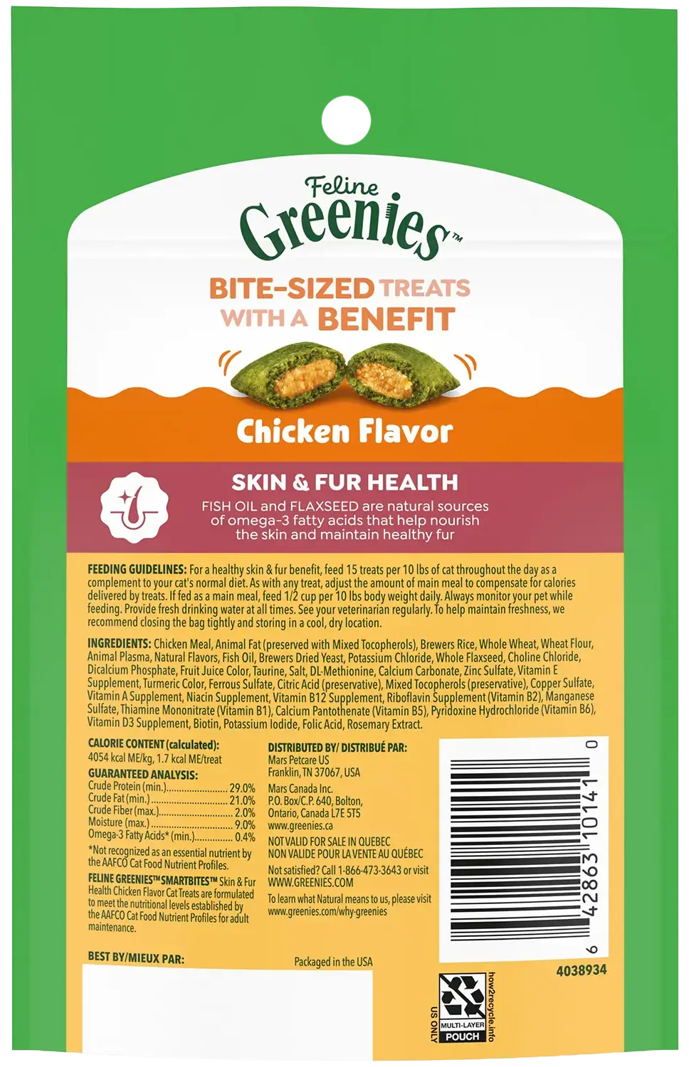 Back of Greenies Feline Smartbites Healthy Skin & Fur Health Cat Treats Chicken 2.1-oz
