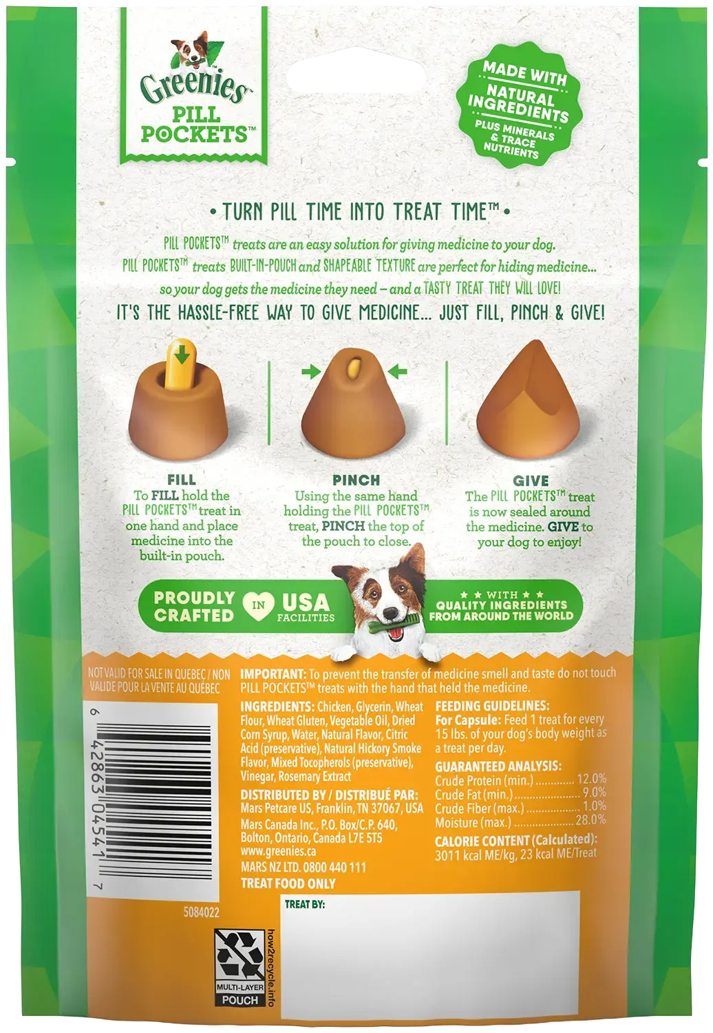 Back of Greenies Capsule Pill Pockets Dog Treats Chicken 7.9-oz 30 Count