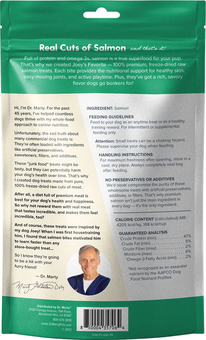 Back of Dr. Marty Joey's Favorite Freeze-Dried Dog Treats Salmon 4-oz