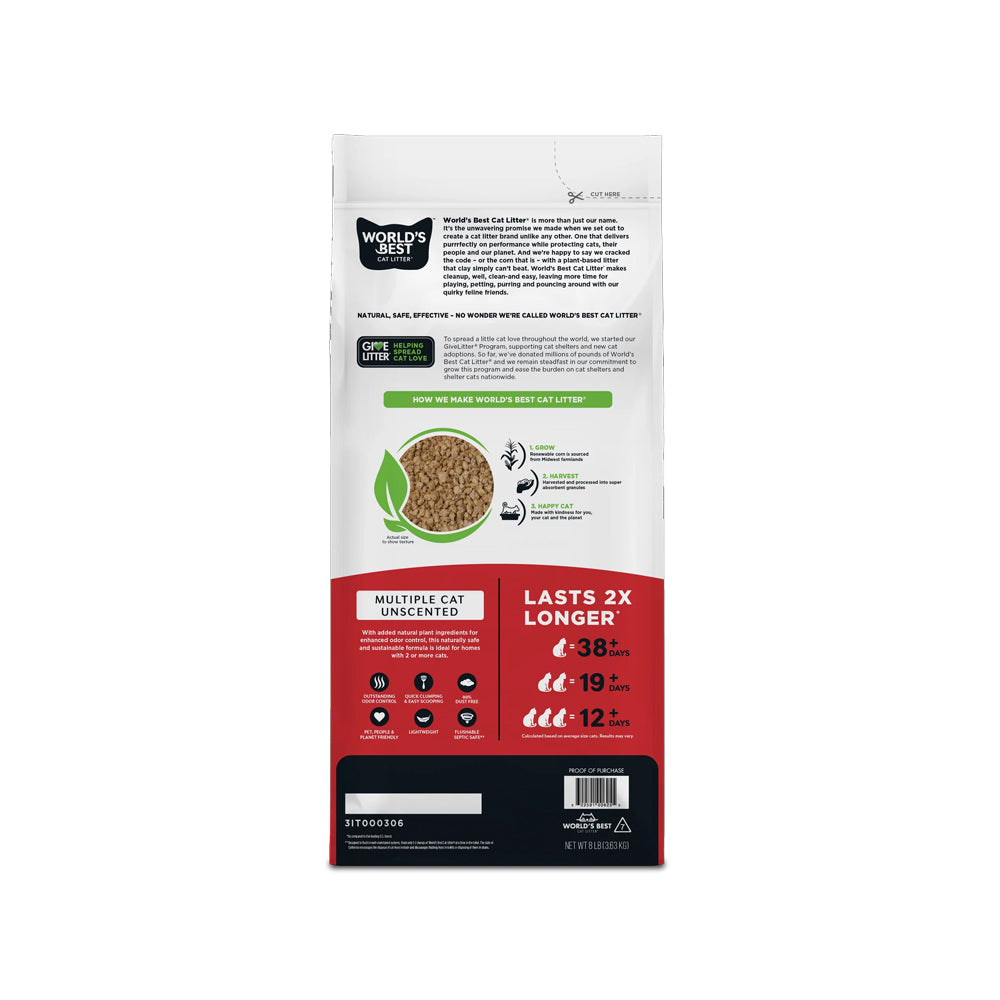 Back of World's Best Cat Litter Multiple Cat Unscented Formula 8-lb