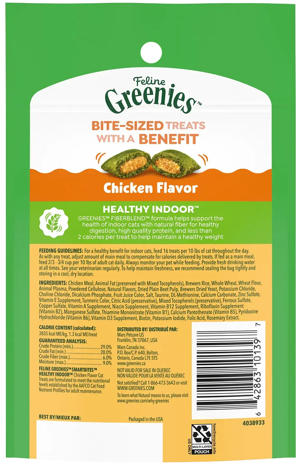 Back of Greenies Feline SmartBites Healthy Indoor Chicken Cat Treats 2.1-oz