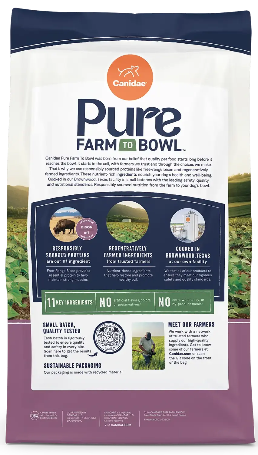 Back of Canidae Pure Goodness Grain-Free Limited Ingredient Adult Dry Dog Food Real Bison, Lentil & Carrot Recipe 10-lb