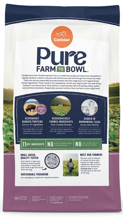 Back of Canidae Pure Goodness Grain-Free Limited Ingredient Adult Dry Dog Food Real Bison, Lentil & Carrot Recipe 10-lb