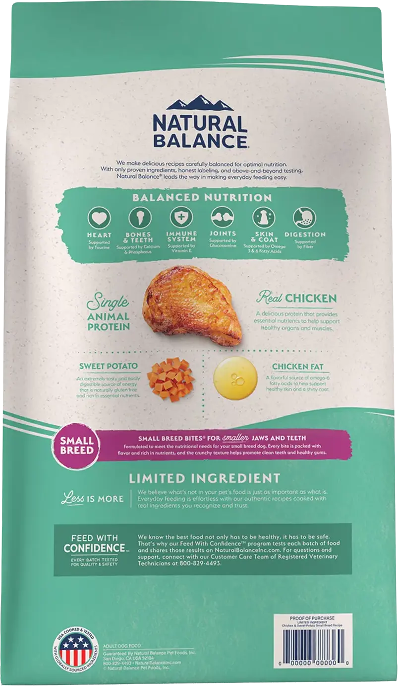 Back of Natural Balance Pet Foods Limited Ingredient Grain Free Small Breed Dry Dog Food Chicken & Sweet Potato 12-lb