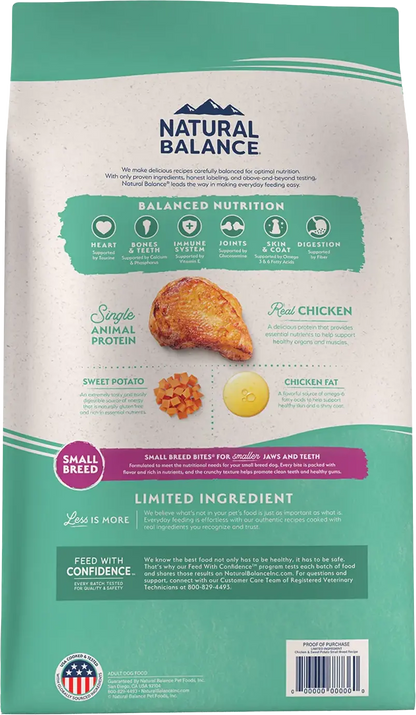 Back of Natural Balance Pet Foods Limited Ingredient Grain Free Small Breed Dry Dog Food Chicken & Sweet Potato 12-lb