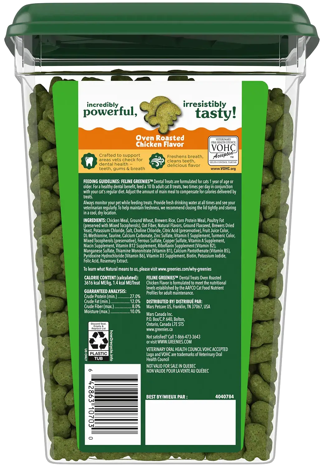 Back of Greenies Feline Oven Roasted Chicken Adult Cat Dental Treats 21-oz