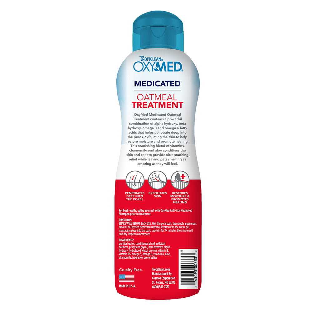 Back of TropiClean OxyMed Medicated Oatmeal Treatment Pet Rinse for Dogs & Cats 20-oz