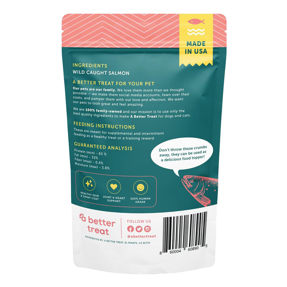 Back of A Better Treat Just One Thing Freeze Dried Dog & Cat Treats Wild Caught Salmon 3-oz