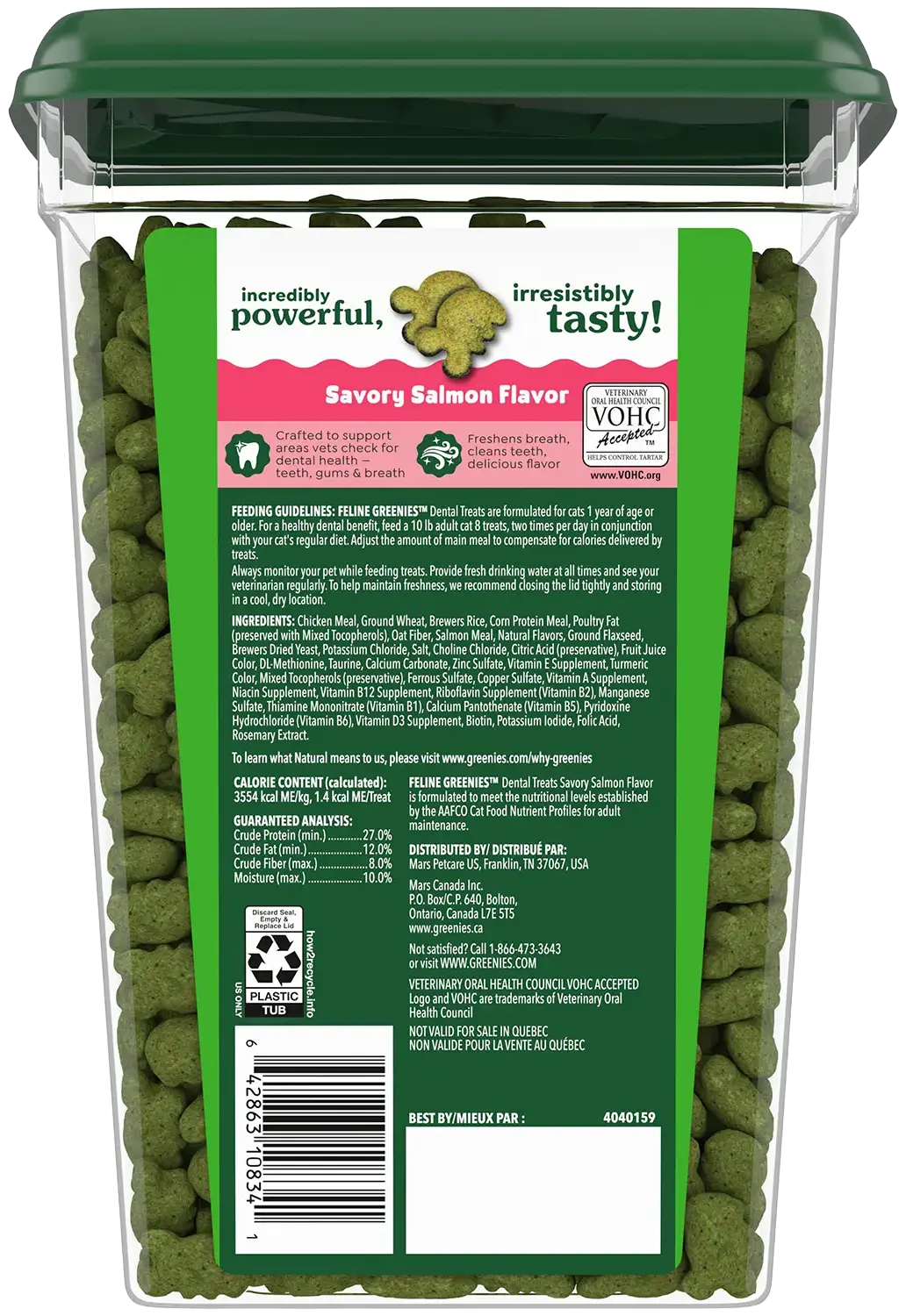 Back of Greenies Feline Savory Salmon Adult Cat Dental Treats 21-oz