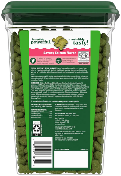 Back of Greenies Feline Savory Salmon Adult Cat Dental Treats 21-oz