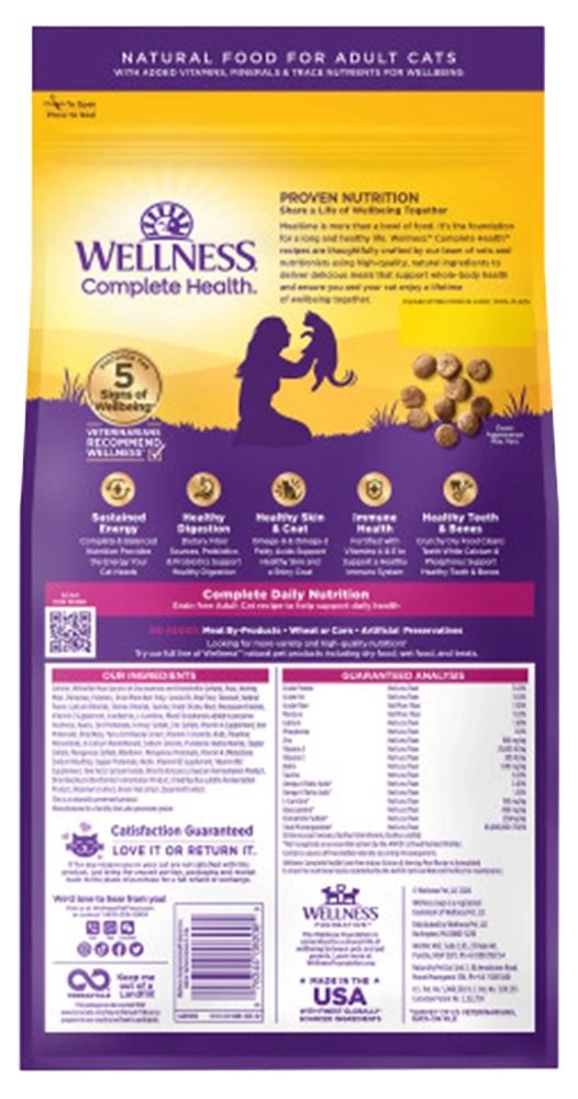 Back of Wellness Complete Health Grain-Free Indoor Adult Dry Cat Food Salmon & Herring Meal Recipe 5.5-lb