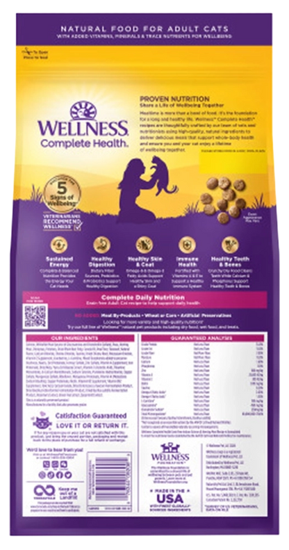 Back of Wellness Complete Health Grain-Free Indoor Adult Dry Cat Food Salmon & Herring Meal Recipe 5.5-lb