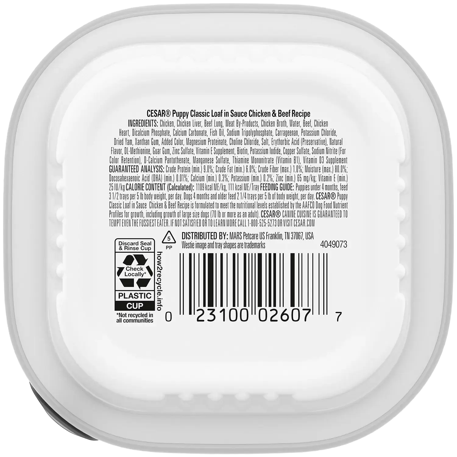 Back of Cesar Classic Loaf in Sauce Puppy Wet Dog Food Chicken & Beef 3.5-oz