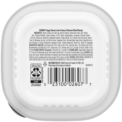 Back of Cesar Classic Loaf in Sauce Puppy Wet Dog Food Chicken & Beef 3.5-oz