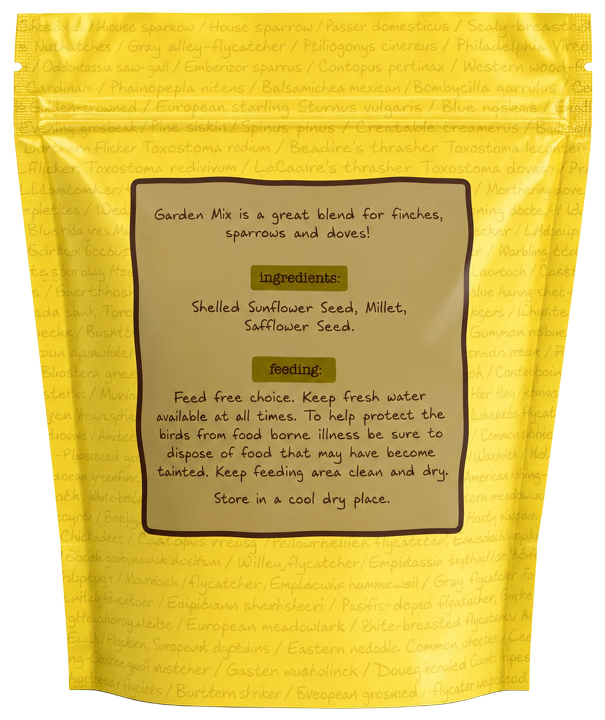 Back of Volkman Seed Company Premium Garden Mix Wild Bird Food 5-lb