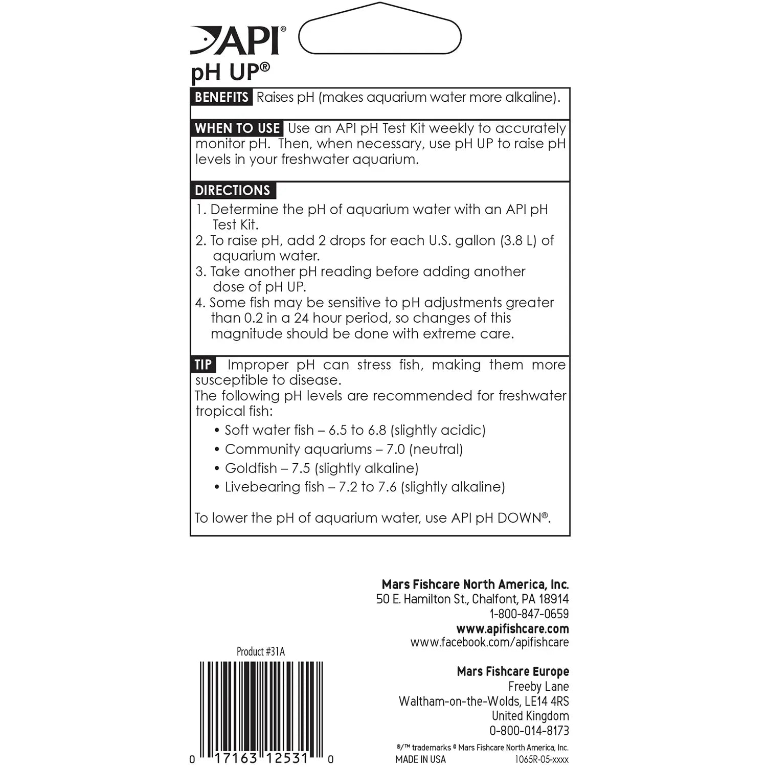 Back of API pH Up Freshwater Aquarium Water Treatment 1.25-oz