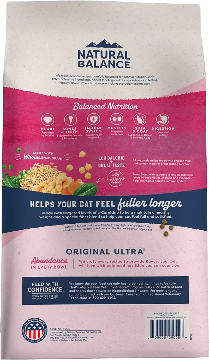Back of Natural Balance Pet Foods Original Ultra Fat Cats Dry Cat Food Chicken Meal & Salmon Meal 15-lb