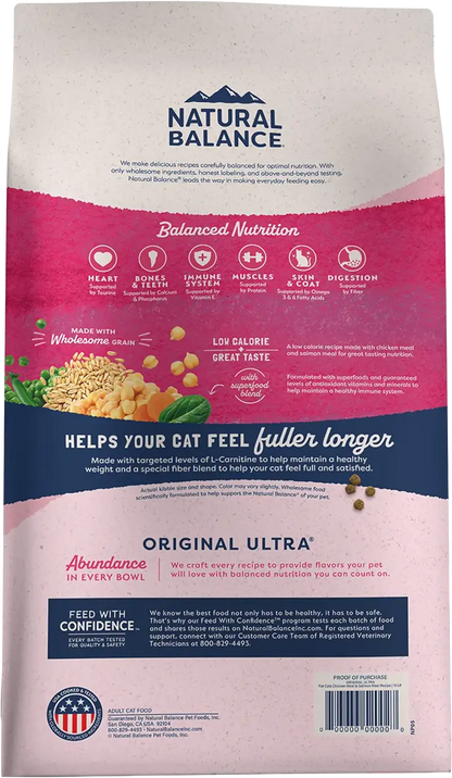 Back of Natural Balance Pet Foods Original Ultra Fat Cats Dry Cat Food Chicken Meal & Salmon Meal 15-lb
