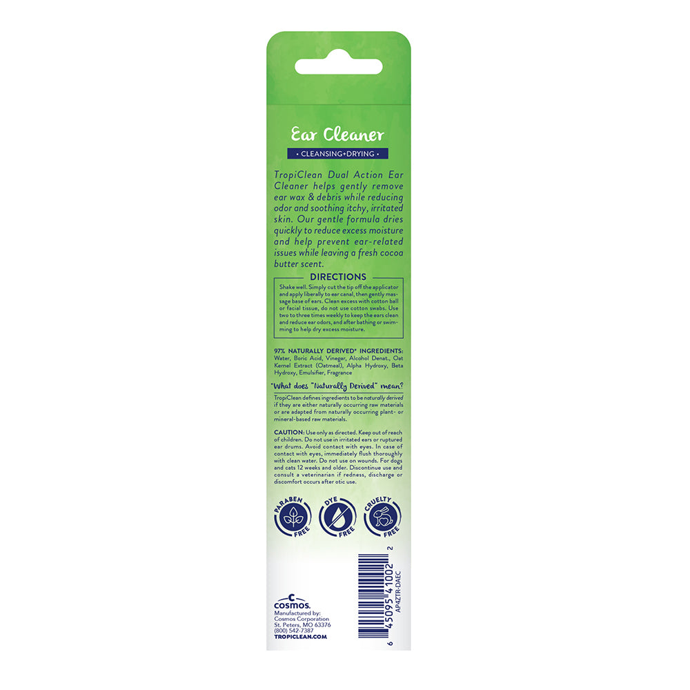 Back of TropiClean Dual Action Ear Cleaner for Dogs & Cats 4-oz