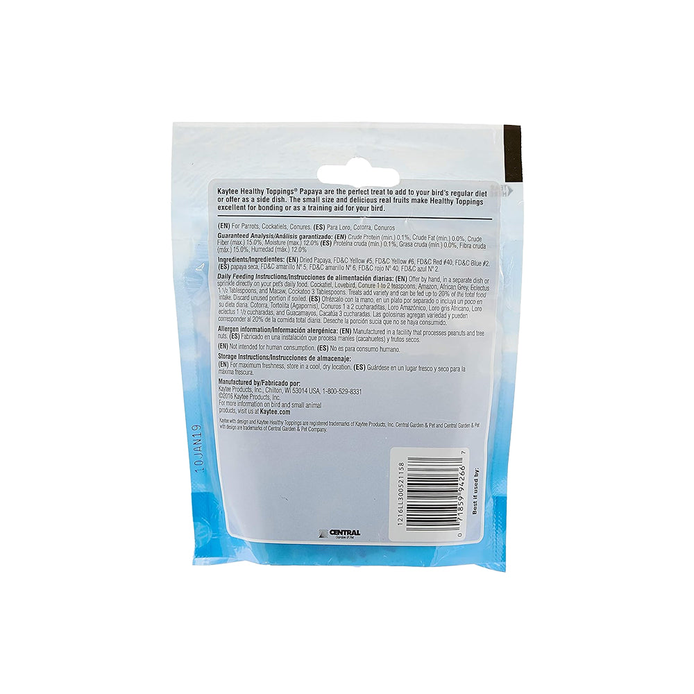 Back of Kaytee Healthy Toppings Papaya Bits for All Pet Birds 2.5-oz