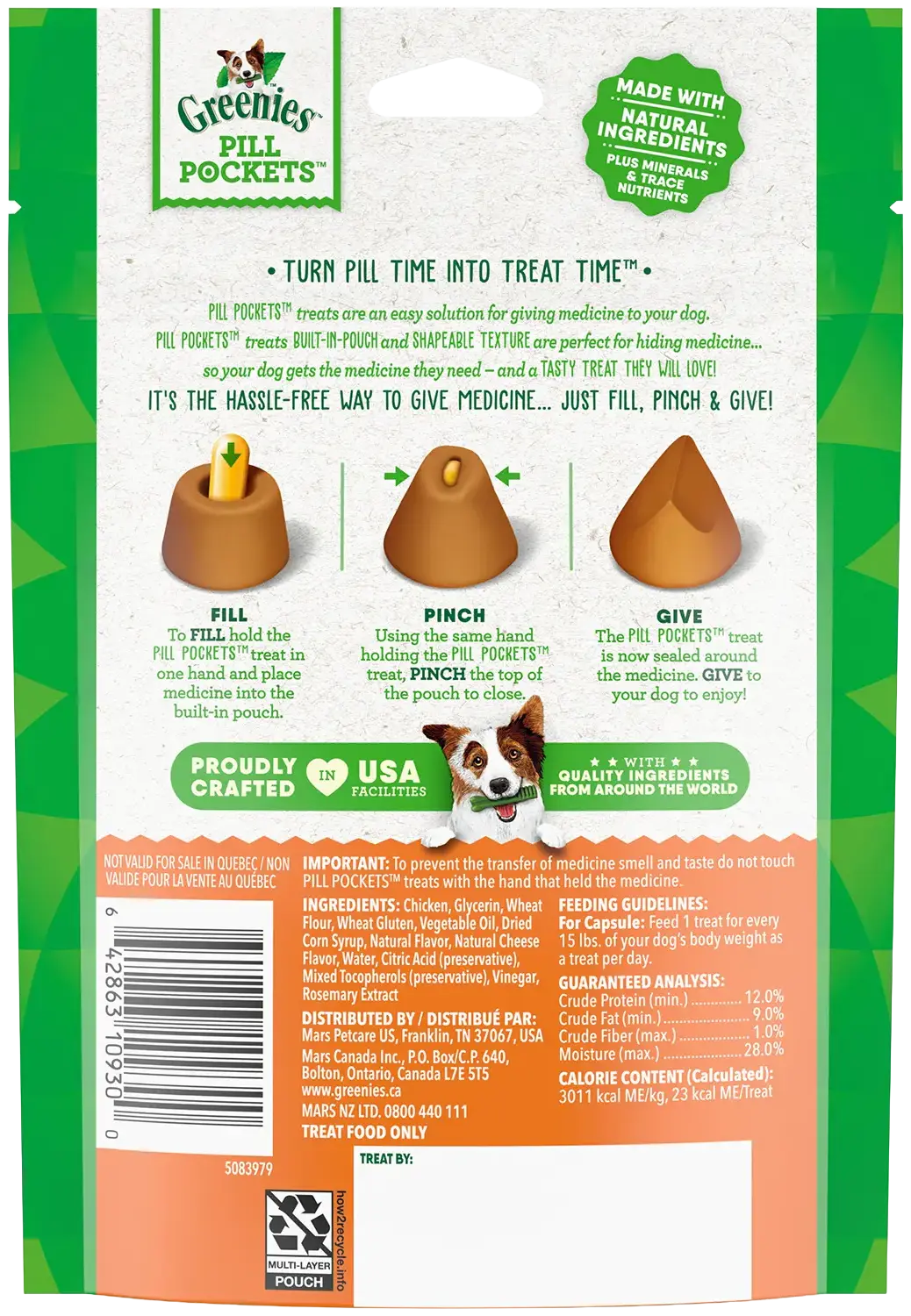 Back of Greenies Capsule Pill Pockets Dog Treats Cheese 7.9-oz 30 Count
