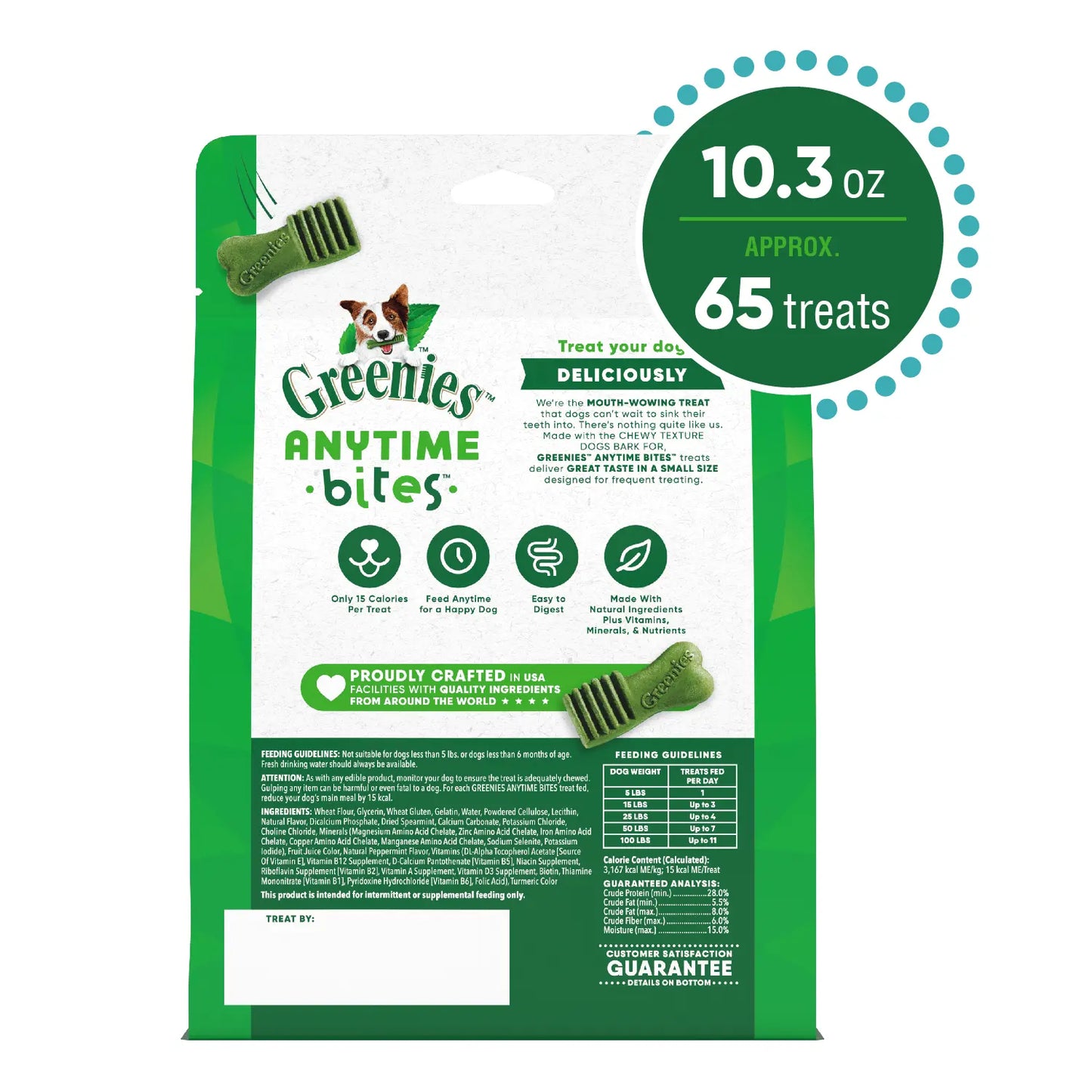 Back of Greenies Anytime Bites Bite-Size Dog Dental Treats Mint 10.3-oz