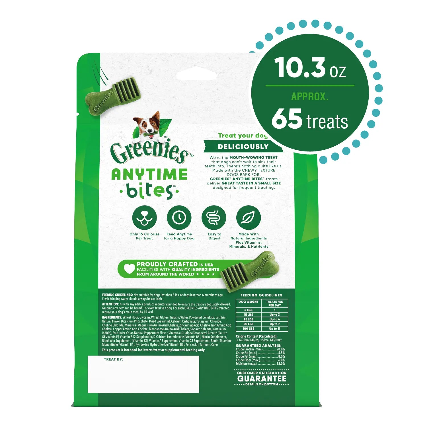 Back of Greenies Anytime Bites Bite-Size Dog Dental Treats Mint 10.3-oz