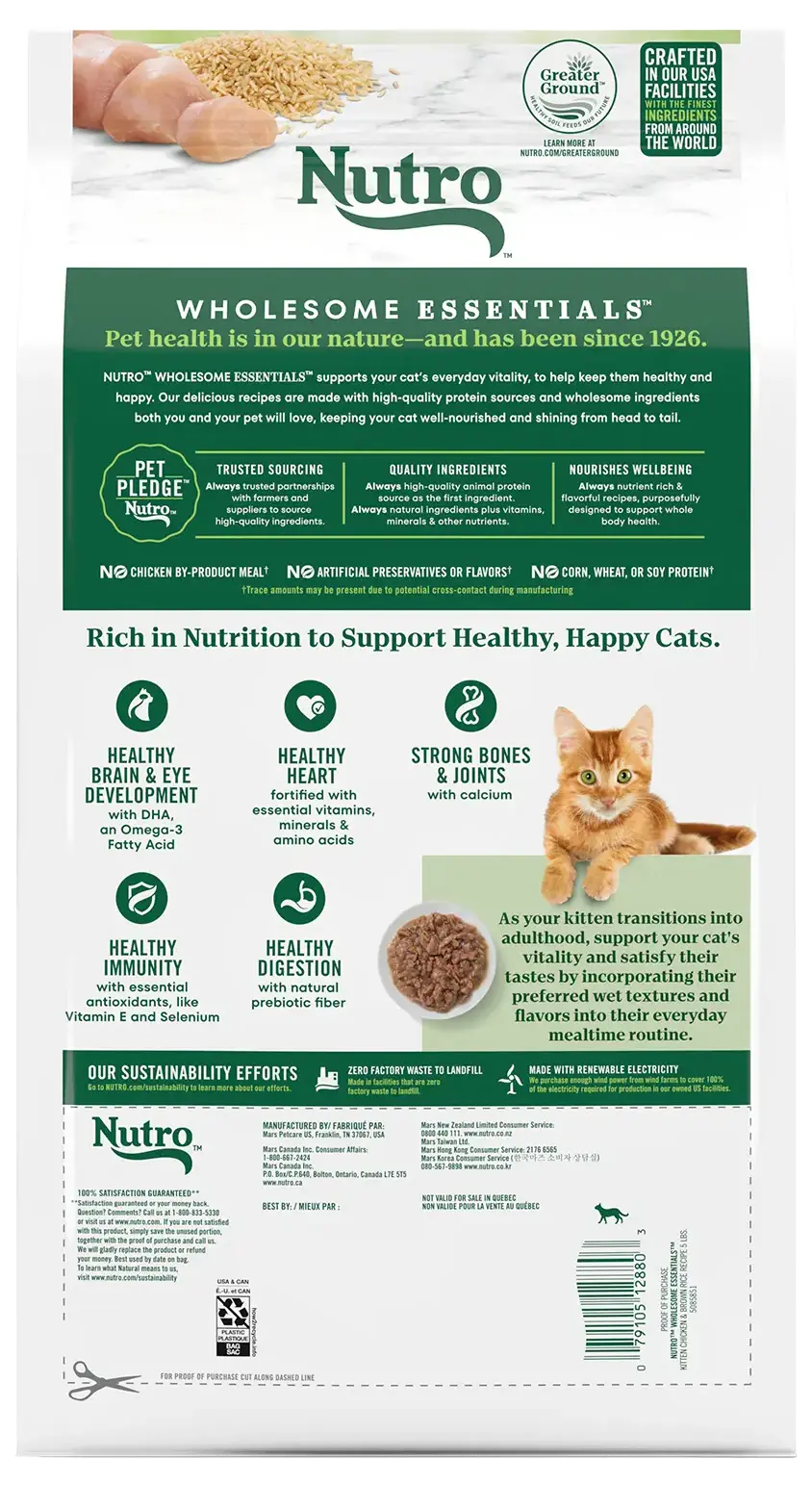 Back of Nutro Wholesome Essentials Chicken & Brown Rice Early Development Kitten Dry Cat Food 5-lb