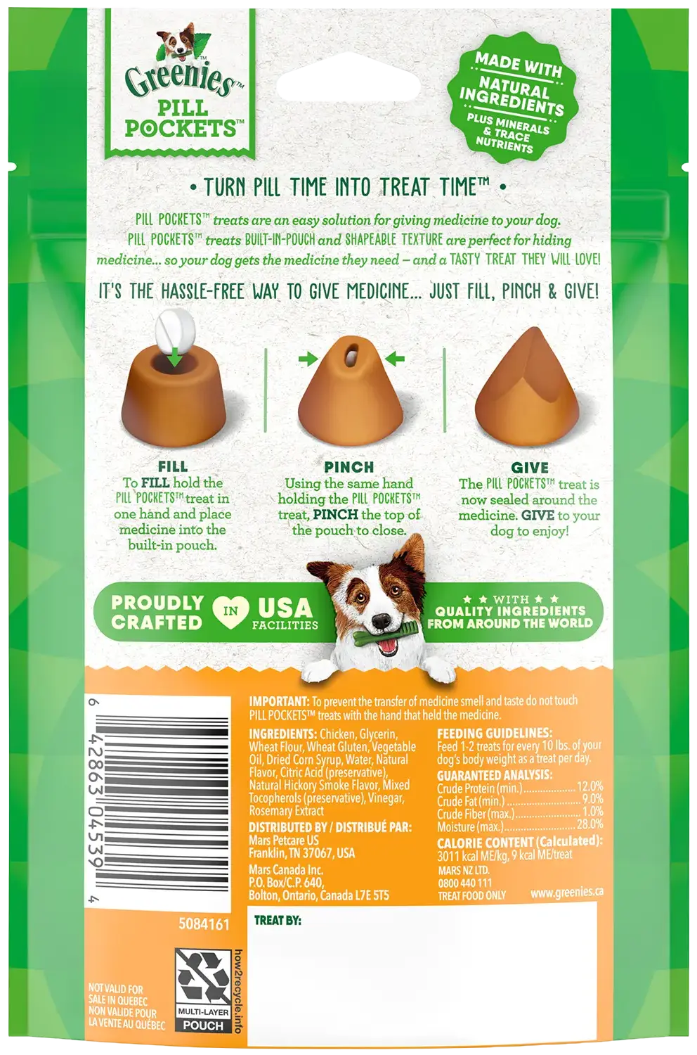 Back of Greenies Tablet Pill Pockets Dog Treats Chicken 3.2-oz 30 Count