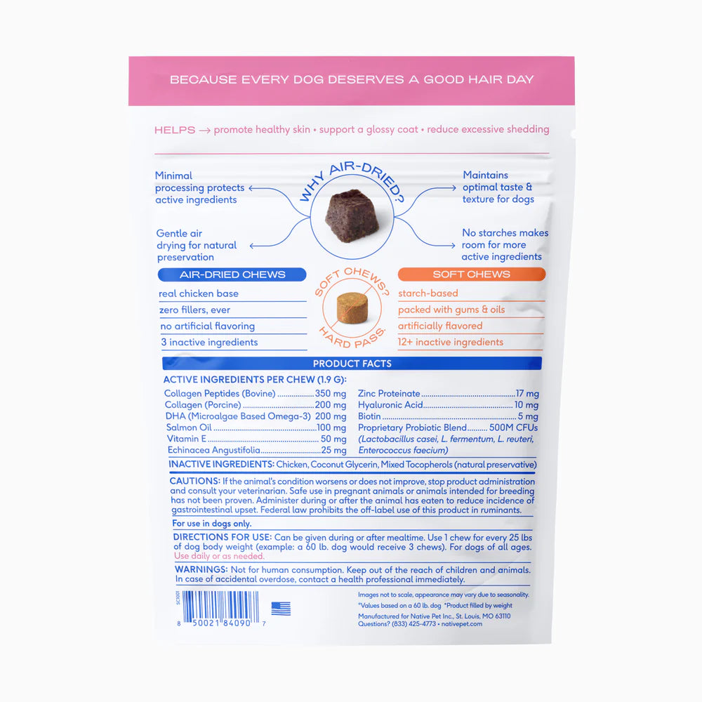 Native Pet Skin & Coat Chews Supplement for Dogs 30 Count, Kwik Pets
