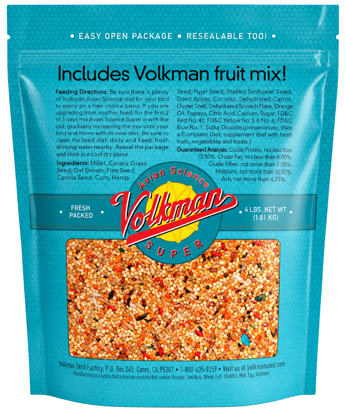 Back of Volkman Seed Company Avian Science Super Parakeet Bird Treat 4-lb